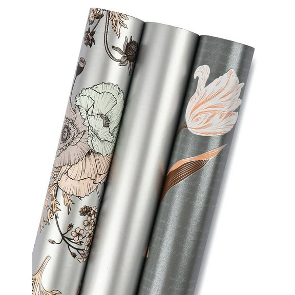 Gift Wrapping Paper Roll - Mini Roll - 17.3 inch X 120 inch Per roll - 3 Different Silver Floral Design