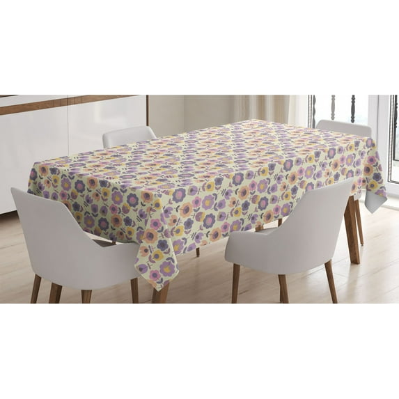 Spring Tablecloth, Graphic Flowers as Daisies and Tulips with Stems and Leaves Illustration, Rectangle Satin Table Cover Accent for Dining Room and Kitchen, 60" X 84", Multicolor, by Ambesonne