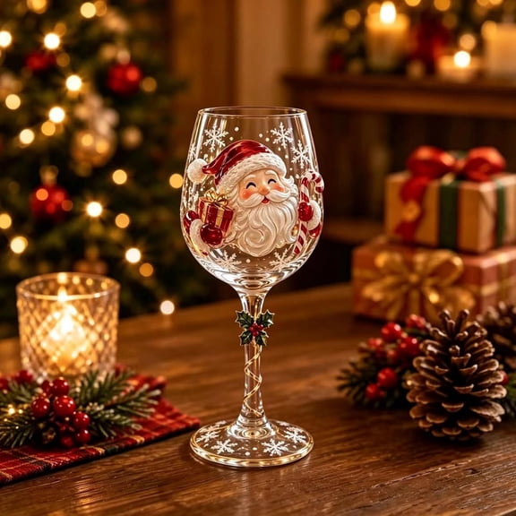 Christmas cups, 3D Christmas glass art cups, 3D three-dimensional handleless festive wine glasses, tableware, suitable for and juice, Christmas glassware for festive parties and holiday gifts-A