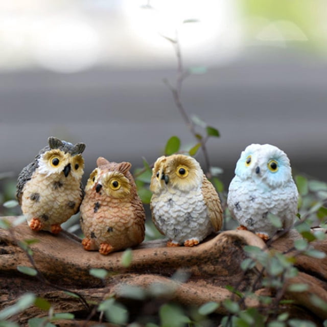 4 Uds miniatura lindo búho Hada jardín estatuilla decoración DIY bonsái manualidades regalo Búhos 4 piezas Cola Jardín de hadas en miniatura
