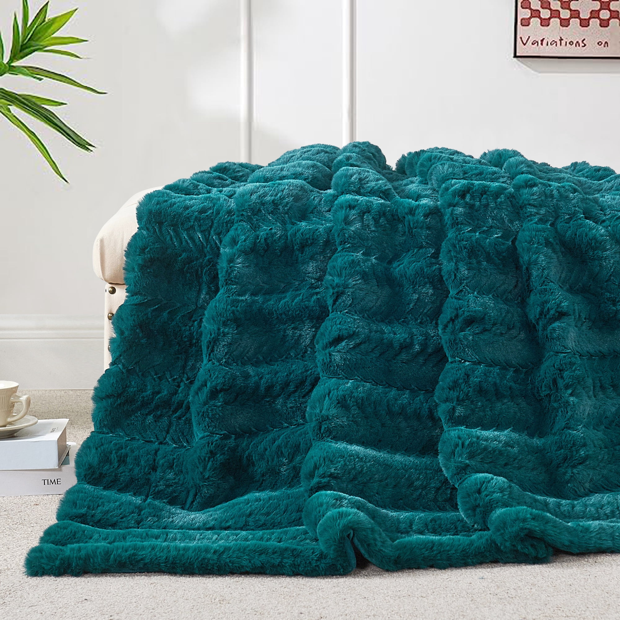 Home Soft Things Tread Pattern Faux Fur Throw Blanket with Micromink Back, Luxury Soft Cozy Plush Fluffy Fuzzy Reversible Thick Warm Throw Blanket, 50x60 inches, Teal