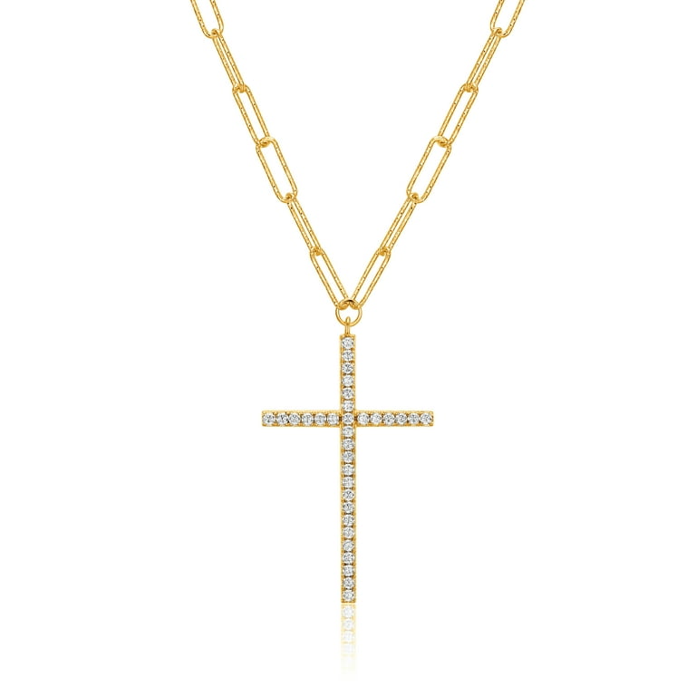 Cubic Zirconia Cross 18k Gold Over Sterling Silver Paperclip