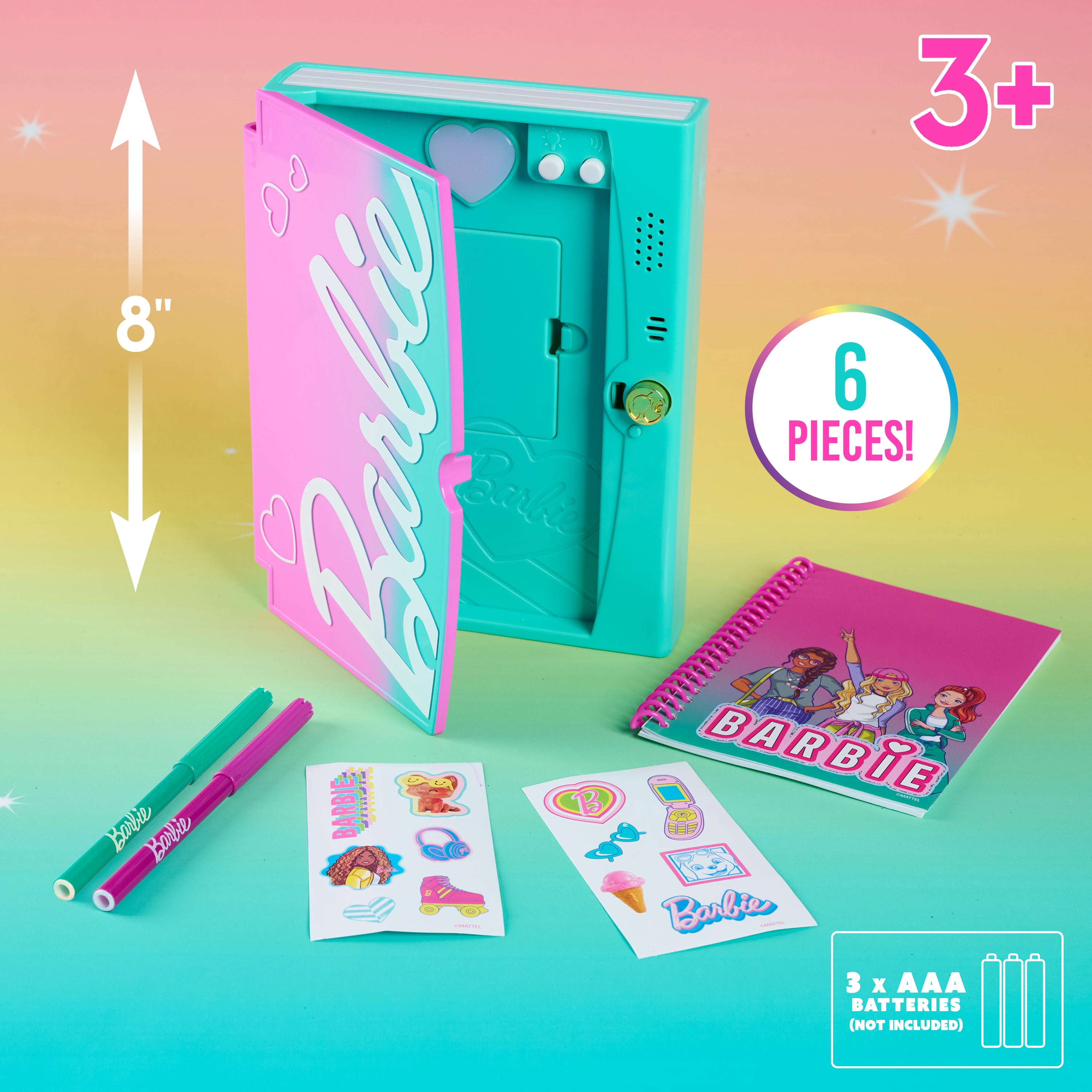 Barbie Secret Journal, Interactive Locking Diary with Lights and Sounds, 6 Pieces, 3 X AAA Batteries Not Included, Ages 3 and up