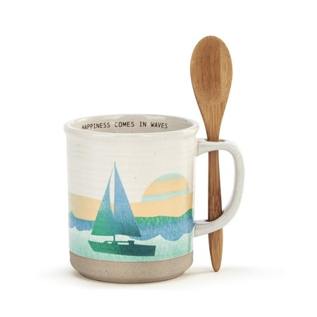

Happiness Comes In Waves Ocean Blue 14 ounce Stoneware and Bamboo Mug With Spoon