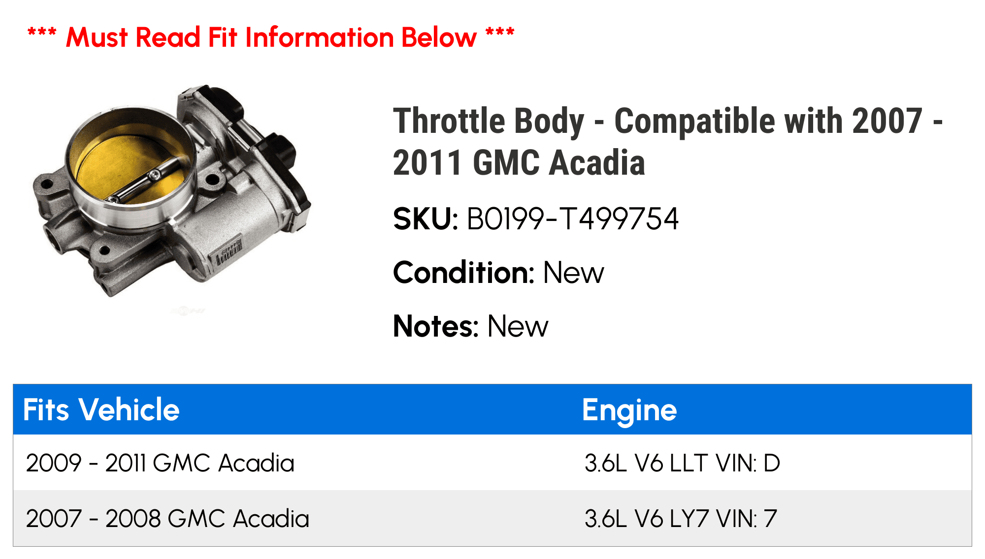 Throttle Body - Compatible with 2007 - 2011 GMC Acadia 2008 2009 2010