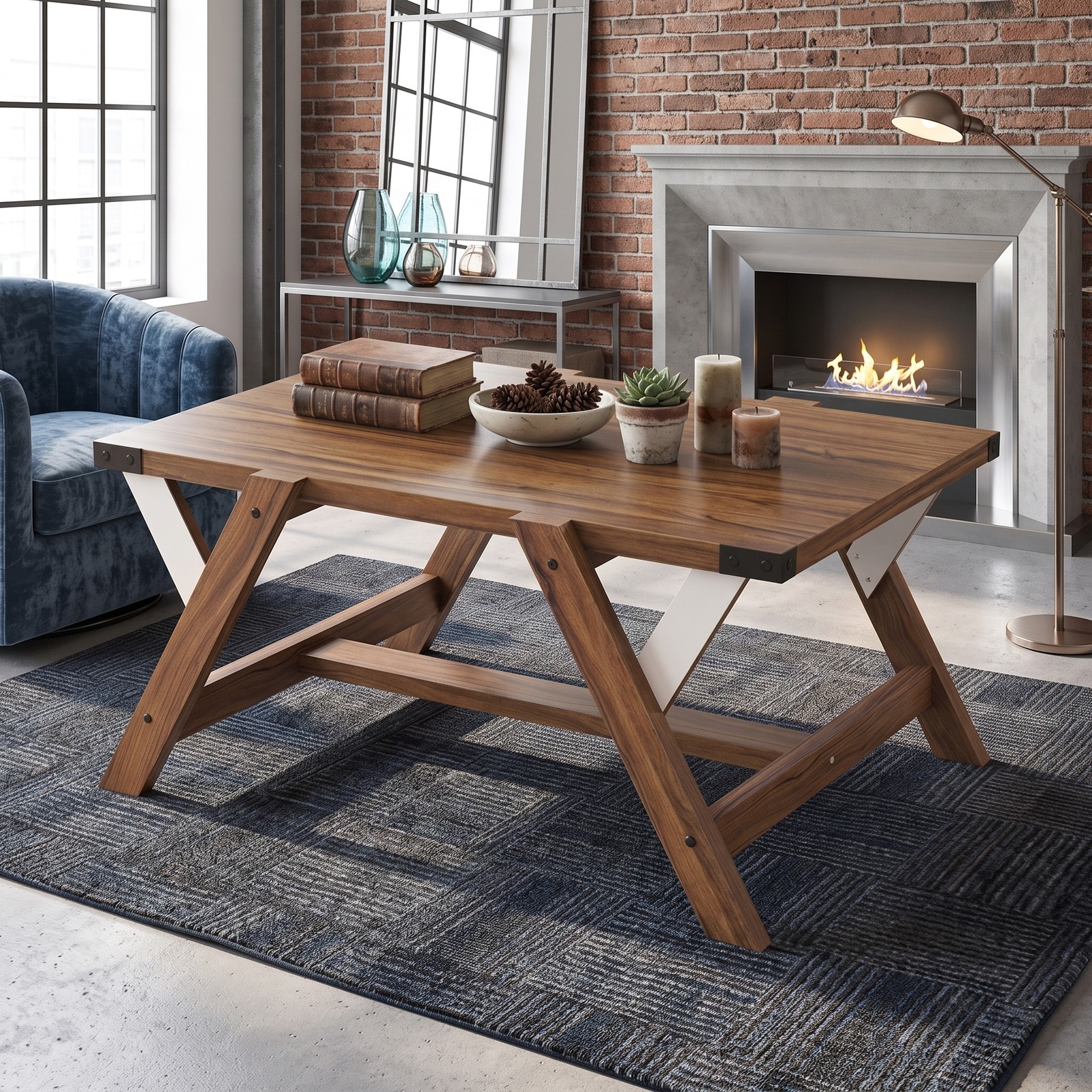 Furnibear Farmhouse Coffee Table, Rectangle Center Table with Nailhead Accents, Wood Living Room Cocktail Table with Anti-Wobble Legs and H-Shaped Base, Walnut