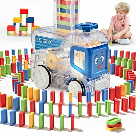 Automatic Domino Train Toy Set with 120 Dominos,Christmas Birthday Gifts for Kids （Blue）