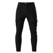 Men's Jeans Relaxed Fit Men's Casual Style Side Pencil Pants with Pockets Skinny Fit Jeans Pantalon Jeans Homme Black XL