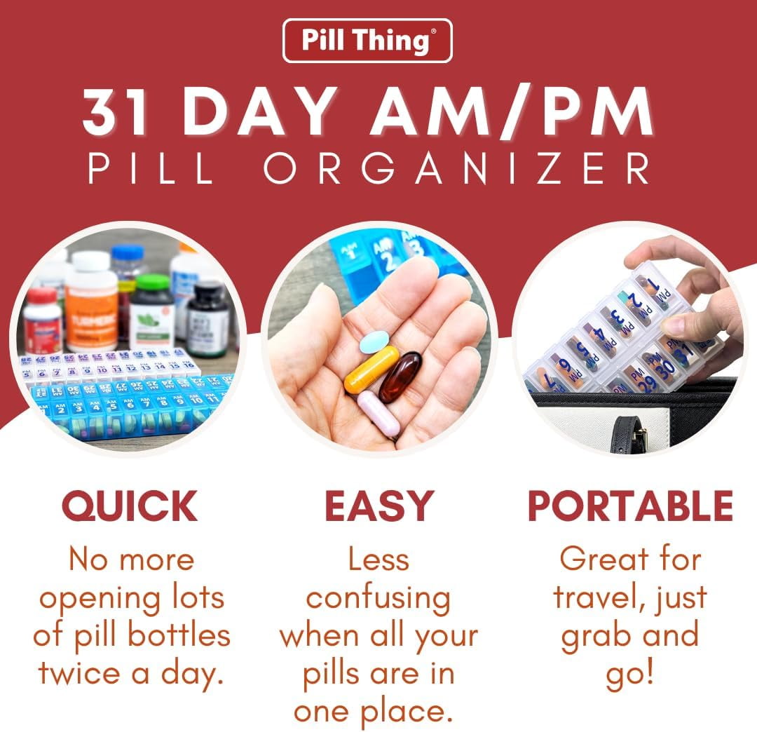 Twice-a-Day Monthly Pill Box Planner Set - AM & PM Medication Organizer for 31 Days (Clear/Blue)