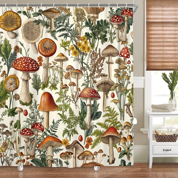 Shower Curtain with Hooks Vintage Botanical Mushroom Bathroom Curtains Retro Fungi Bathroom Decor, 60x72in