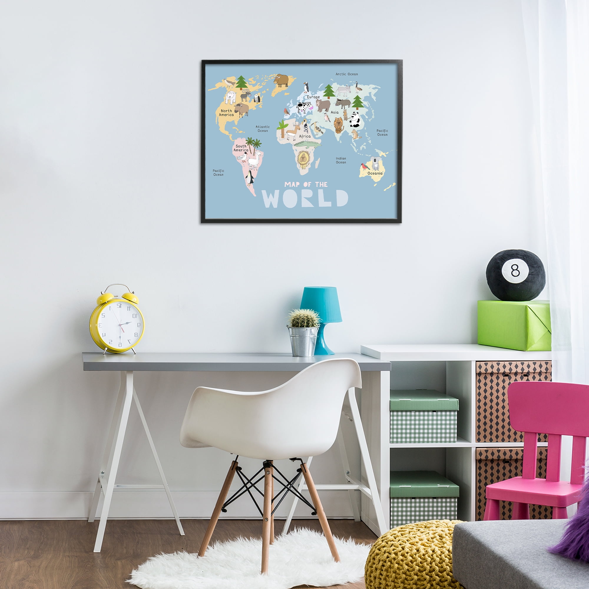 Kid's Map Of World Blue Black Framed Giclee Art, design by Carla Daly