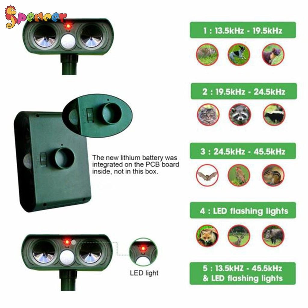 SPENCER Ultrasonic Animal Repeller Solar Power Cat Mice Deer Sensor with Motion Sensor LED Flashing Lights IPX4 Waterproof for Outdoor Farm Garden Yard