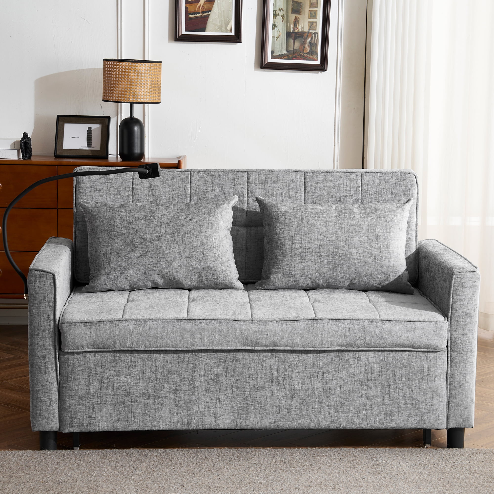Euroco 56.9" Loveseat Sofa Pull-out Sofa Bed Sleeper Sofa with a Reversible Backrest Cushion, Side Pockets, Two USB Ports and a Phone Holder for Living Room