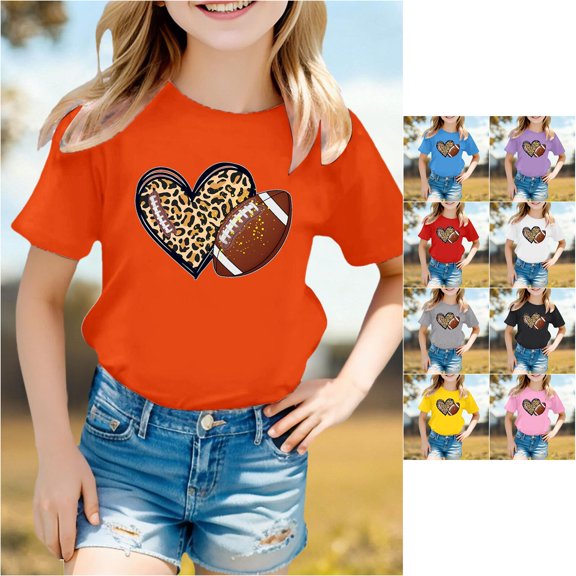 Trendfront Little Girls Sporty Tops Leopard Cheetah Heart Rugby Football Vintage Print Casual Crewneck Short Sleeve T-Shirt Everyday Active Fitness Gear Tee