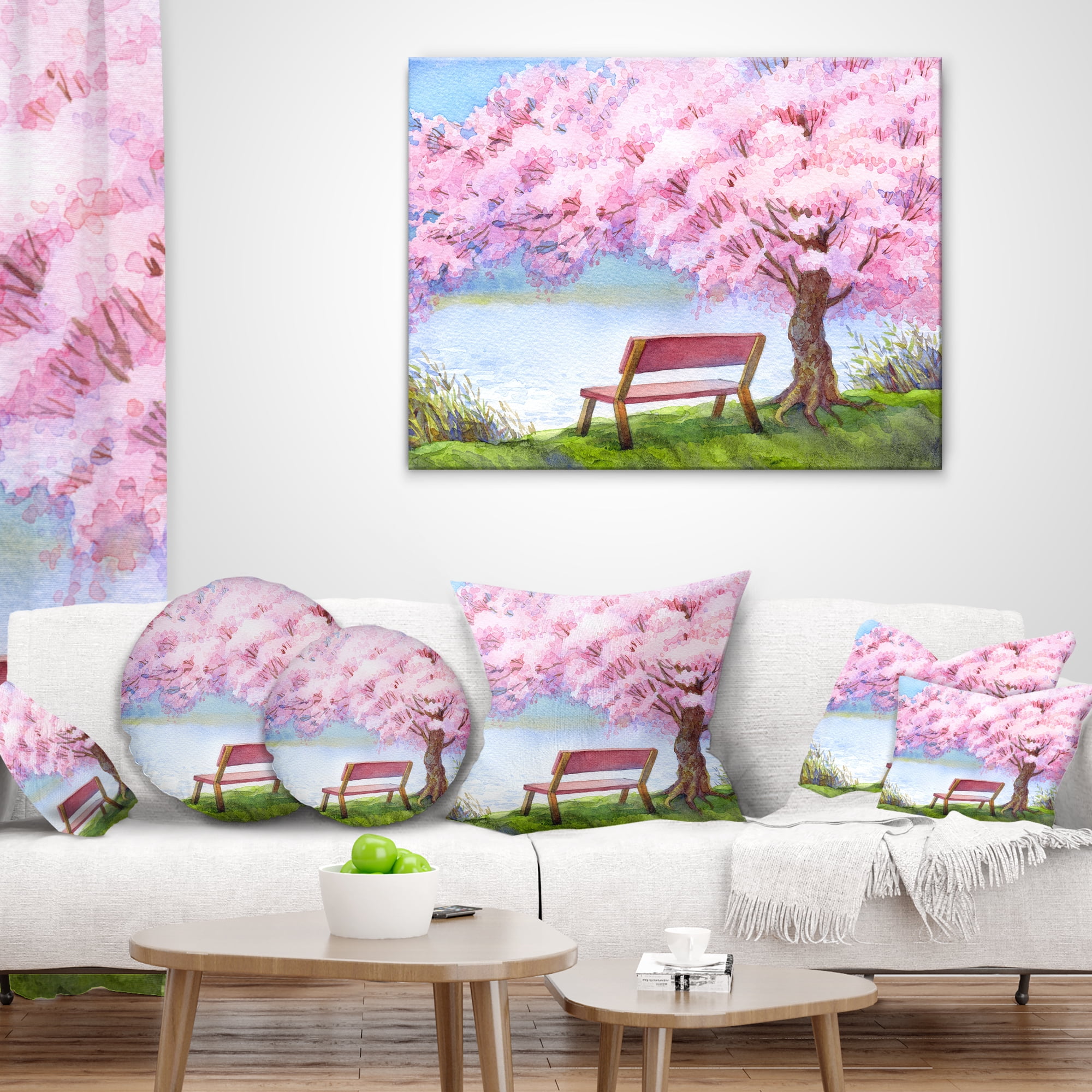 Designart Bench under Flowering Peach Tree - Floral Throw Pillow - 16x16