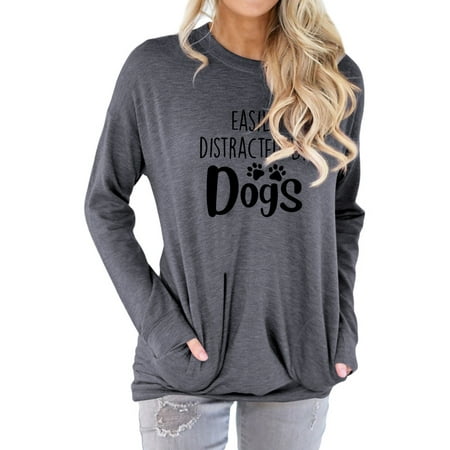 

OUNAR Women Easily Distracted By Dogs Crew Neck Long Sleeve Pocket Tops