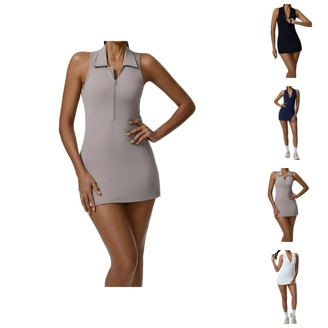 Robe de Tennis Robes de Golf pour Femmes Contrôle du Ventre Col à Revers Fermeture Éclair Coupe Ajustée Respirante Robe d'Entraînement Robes Athlétiques