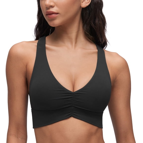 CRZ YOGA Butterluxe Ruched Longline Sports Bras for Women V Neck Padded Yoga Tank Cross Back