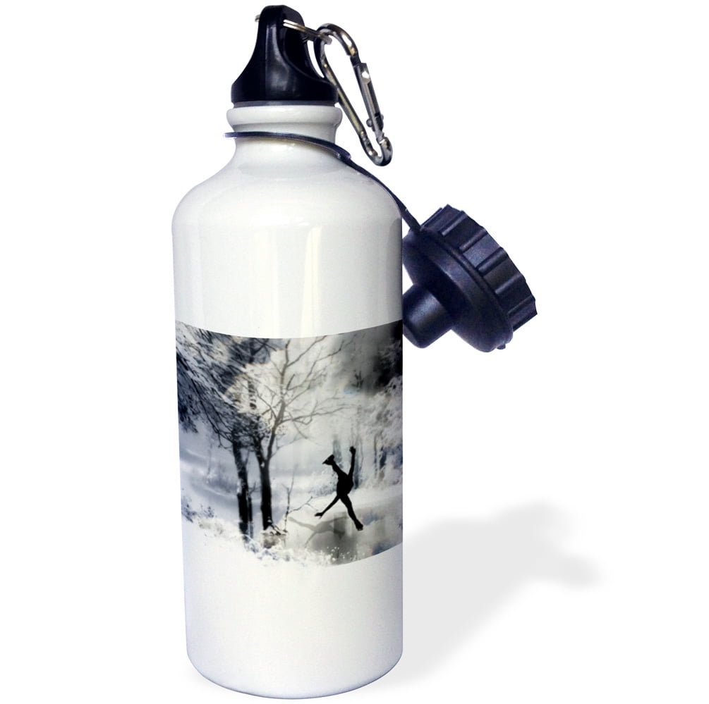 3dRose Figure Skater Silhouette Skating on a frozen pond in a beautiful winter snow scene, Sports Water Bottle, 21oz by 3dRose