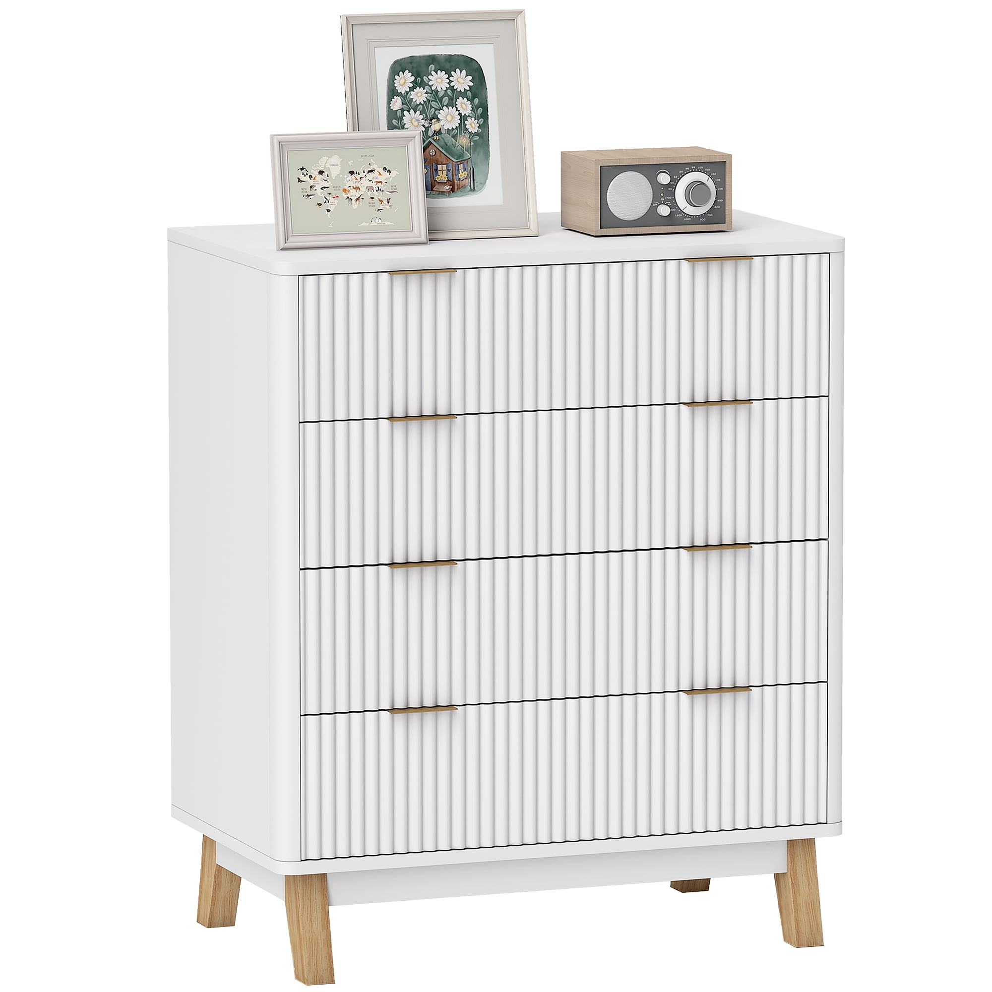 HOMCOM Fluted Dresser for Bedroom with 4 Drawers, Chest of Drawers with Gold Finger Pulls and 4 Wood Legs, White