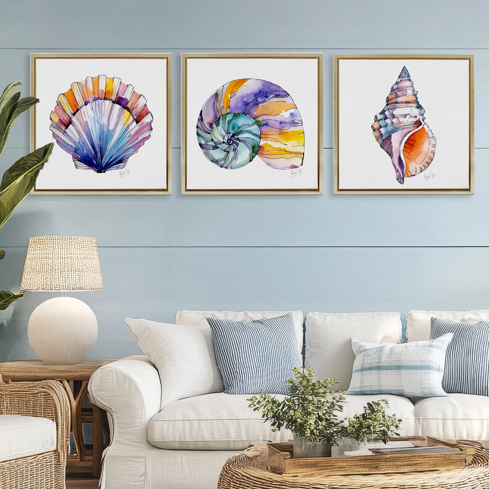 Stupell Industries Sunlit Seashells Watercolors 3 Piece Gold Framed Floater Canvas Set, design by Shelly Craig