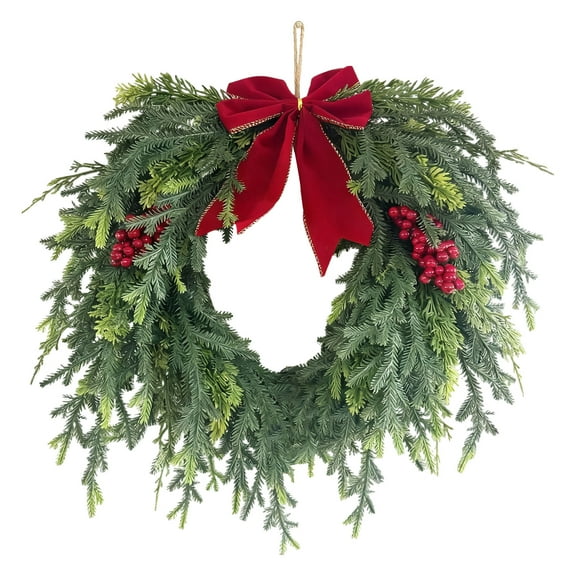 Tanglewen 20 inch Norfolk Pine Wreath with Bow,Christmas Wreaths for Front Door,Artificial Real Touch Wreath for Door Wall Windows Mantle Outdoor Christmas Decoration(A)