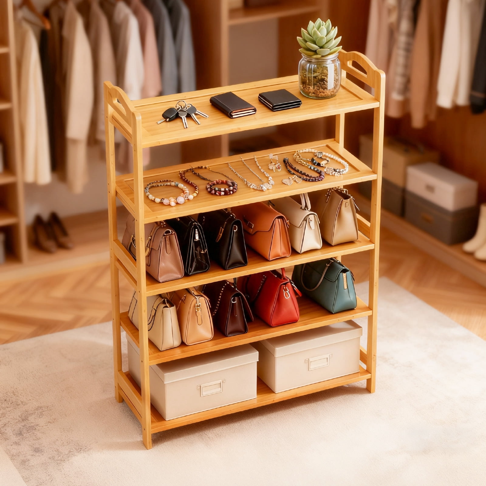 5 Tier Natural Bamboo Shoe Rack Eco Friendly 15 Pairs Capacity Slim Space Saving Open Shelf for Entryway Closet Hallway Apartment