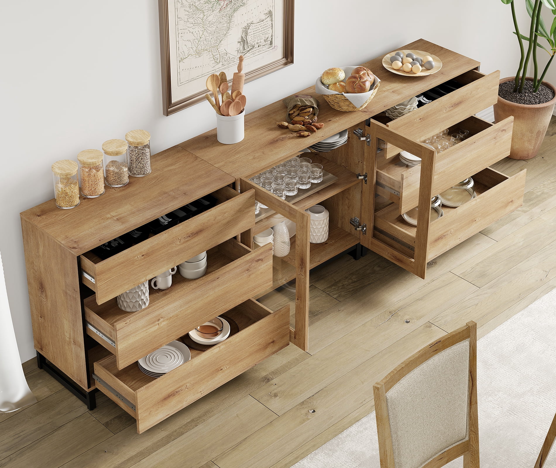 3 In 1 Multifunctional Sideboard Buffet Cabinets With Glass Doors And 6 Drawers, Modern Sideboard Credenza With Adjustable Shelf And Metal Base,Storage Cabinet For Living Room, Kitchen