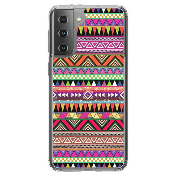 DistinctInk Clear Shockproof Hybrid Case for Galaxy S21 5G (6.2" Screen) - TPU Bumper, Acrylic Back, Tempered Glass Screen Protector - Pink Blue Orange Tribal Print