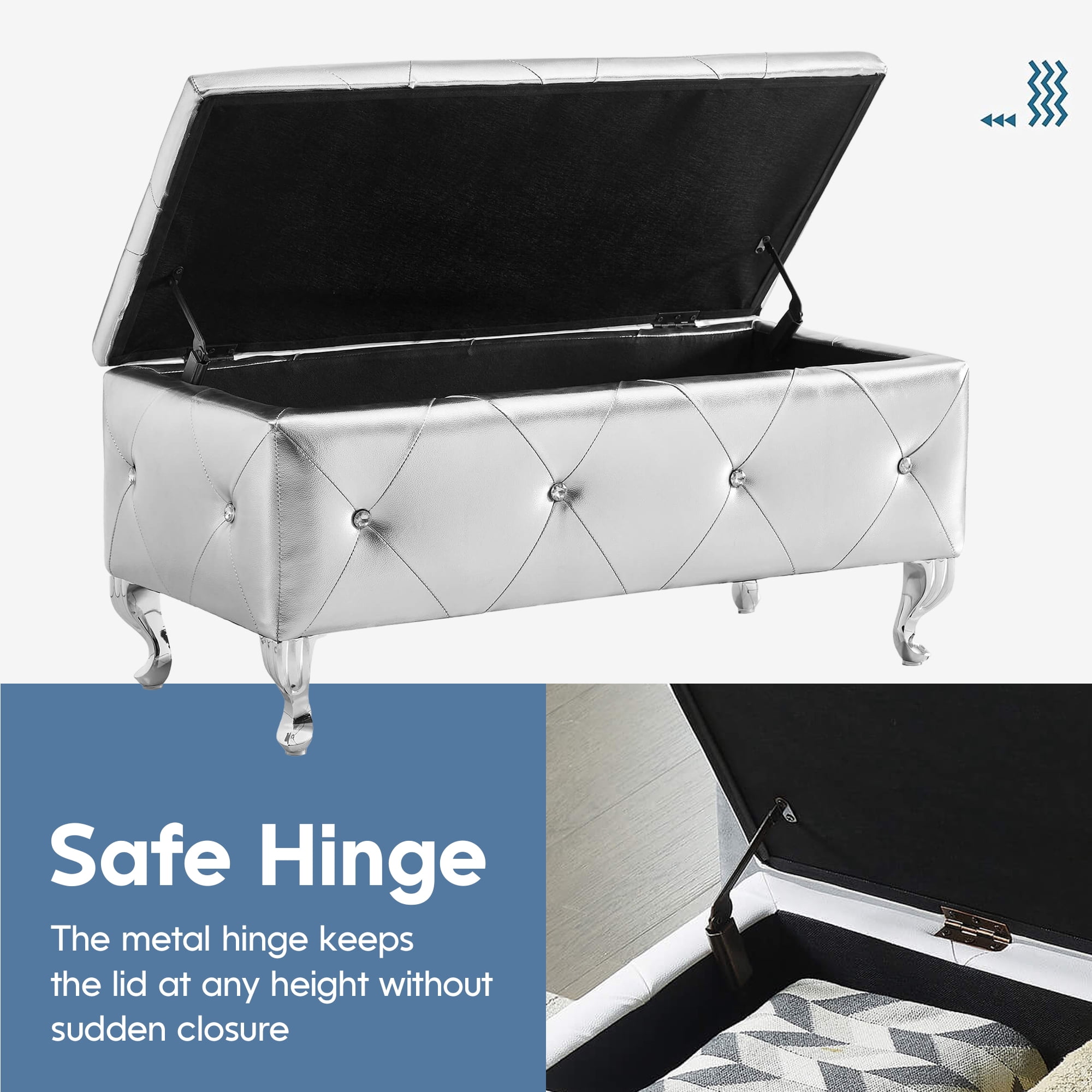 Aukfa Storage Ottoman Bench with Crystal Buttons for Bedroom,Silver