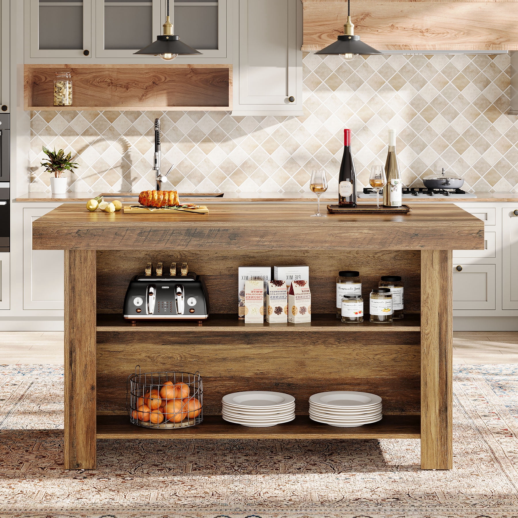 Finmind 3-Tier Farmhouse  Kitchen Island with Storage Shelf, 55-Inch Wooden Stationary Island Table with Large Worktop for Kitchen, Rustic Brown