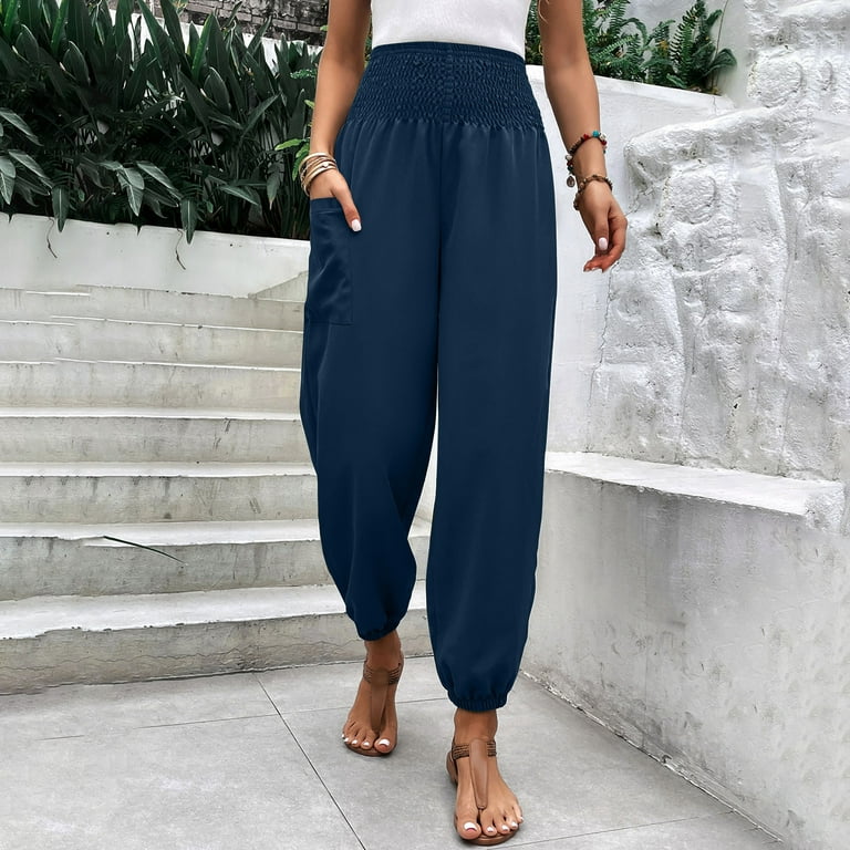  Womens Casual Solid Color Loose Pockets Elastic Waist Pants  Long Trousers Womens Summer Pants Casual (Blue, XL) : Clothing, Shoes &  Jewelry