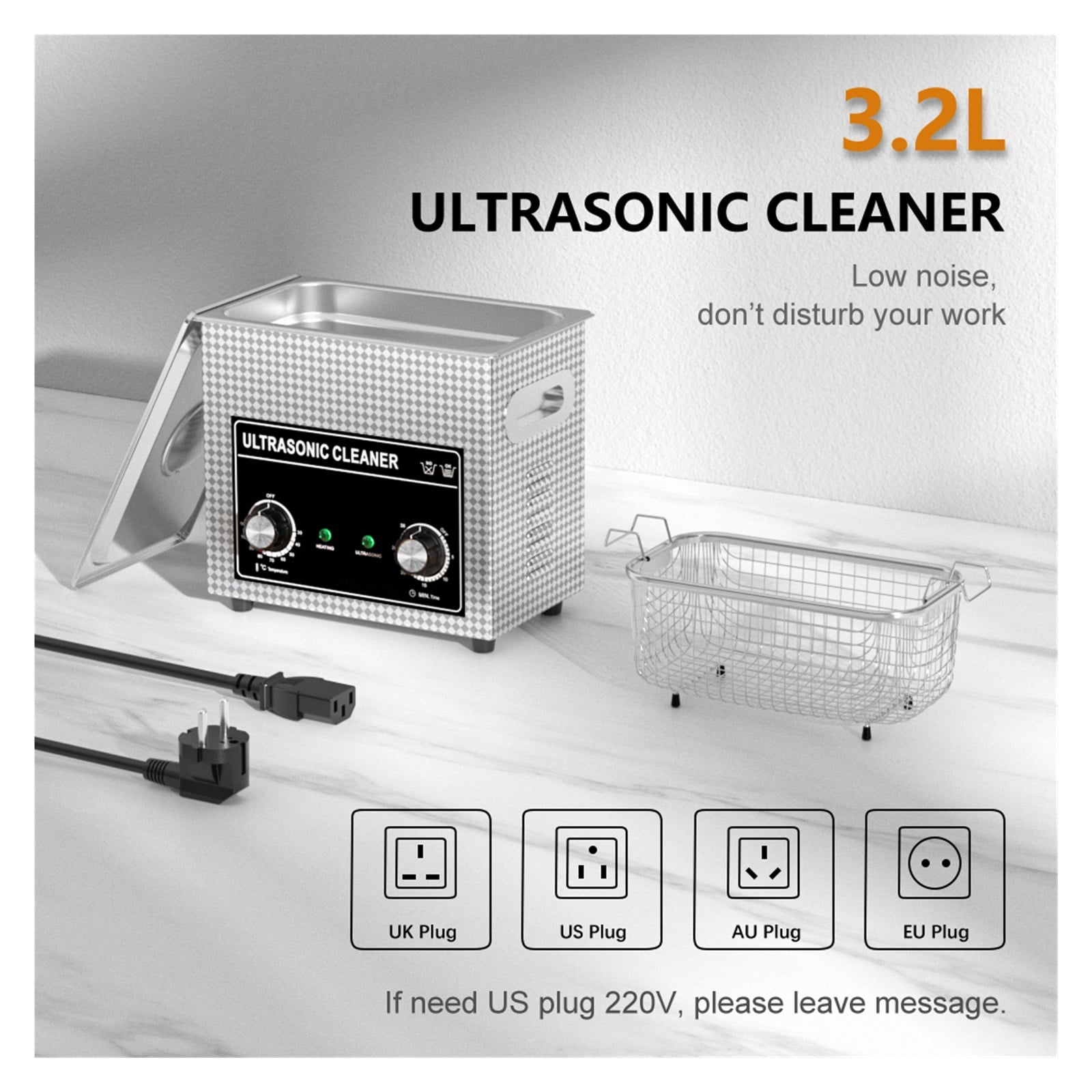 Ultrasonic Cleaner Bath 3.2L Plus 180W 40kHz With 3 Transducers Mechanical Knob Control Heater Timer