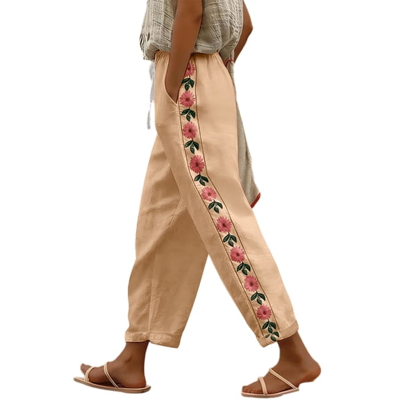 Linen Cotton Casual Pants For Women Drawstring Pocket Floral Embroidered Business Casual Daywear Summer Casual Pull On Travel Wear Wide Leg High Rise