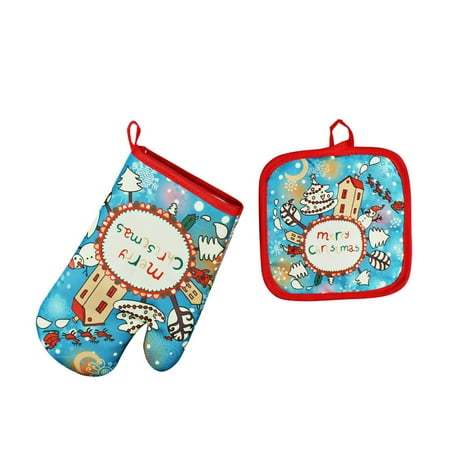 

Christmas Themed Oven Glove Set Kitchen Oven Mitten and Pot Holder with Christmas Patterns and Santas Image Heat Insulation and Heat Proof Glove