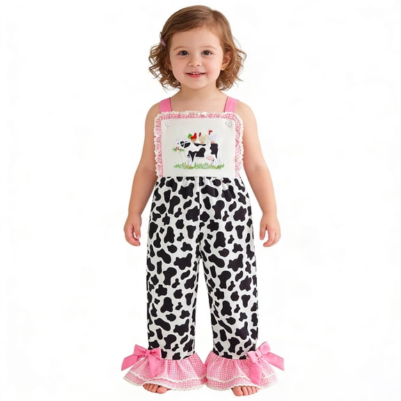 Ulitacool Summer Onesie For Girls Crewneck Long Sleeve Cow Print Girls Romper With Embroidered Animal Designs Strappy Jumpsuit For Toddler And Kids Simple Style Clothes Pink 12-18 Months