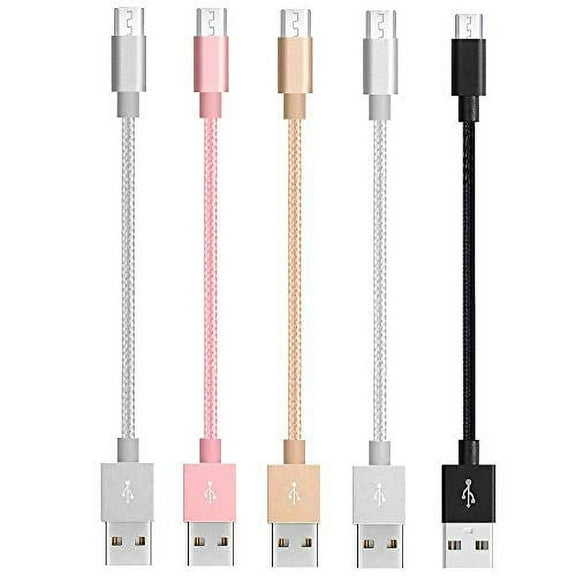 Short Micro to USB A Cable Nylon Braided 5 Pack (Rose Gold, Gold, Silver, Space Gray, Black)