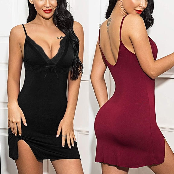 Chroia Women's Cotton-like Lace Nightgown - V Neck Chemise Full Slip Sleepwear Lingerie