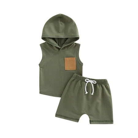 

Baby Boy Summer Outfit Hooded Tank Top with Pocket and Elastic Waist Shorts Set Infant Boy Clothes