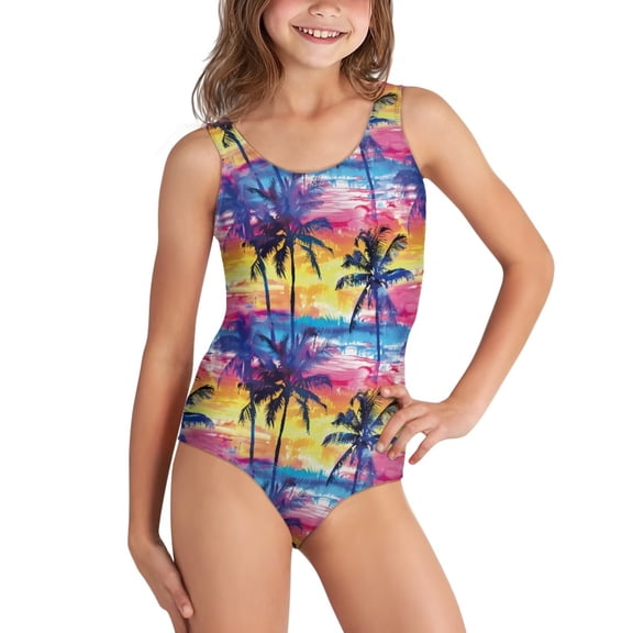 Uorisanigo Palm Tree Sunset Girls Swimsuits Kids Crossback Straps Bathing Suit Swimwear One Piece Beach Swimming Suit, Size 5-6