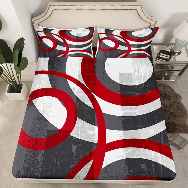 Erosebridal Geometric Circle Line Fitted Sheet Set Queen, Gray Red Abstract Aesthetic Bedding Queen Size 3 Pieces (No Top Sheet)