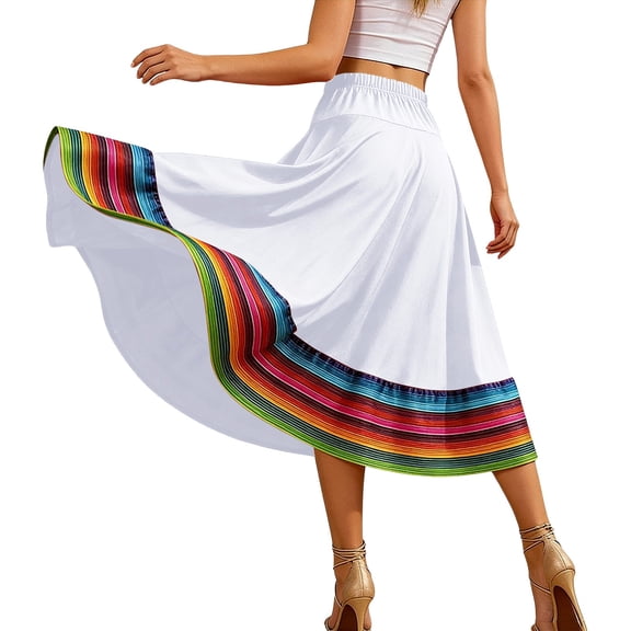 Umfun Women's Colorful Striped Maxi Skirt Elastic High Waist A-Line Flowy Skirt Summer Vacation Skirt