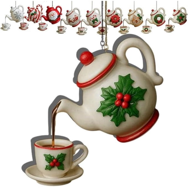 Ornement de Théière de Noël Vintage avec Effet de Thé Versé, Motif de Houx et de Baies Rouges pour Déco de Sapin de Noël