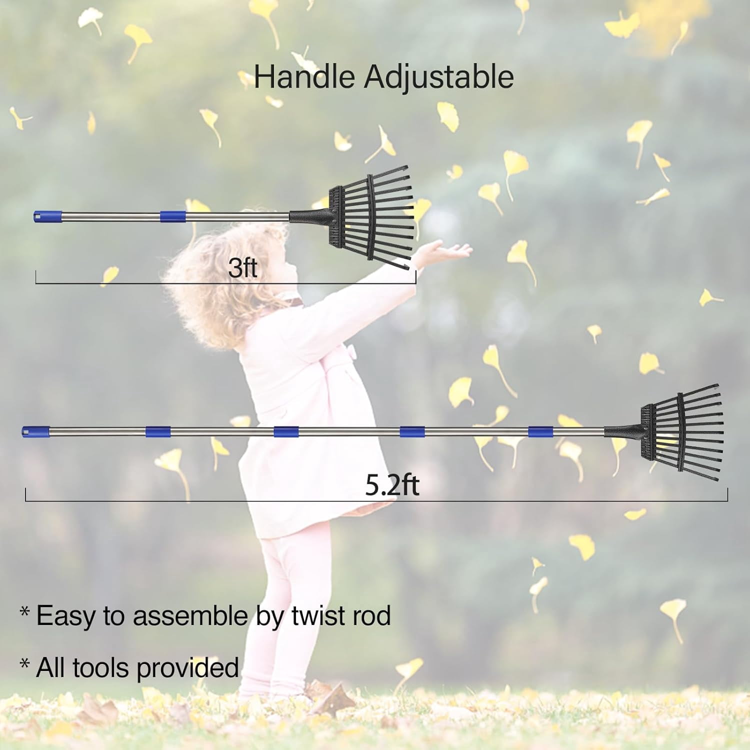 Rake for Leaves, Small Metal Hand Garden Adjustable Lawn Yard Shrub Leaf Rake Heavy Duty Garden Tool for Gardening