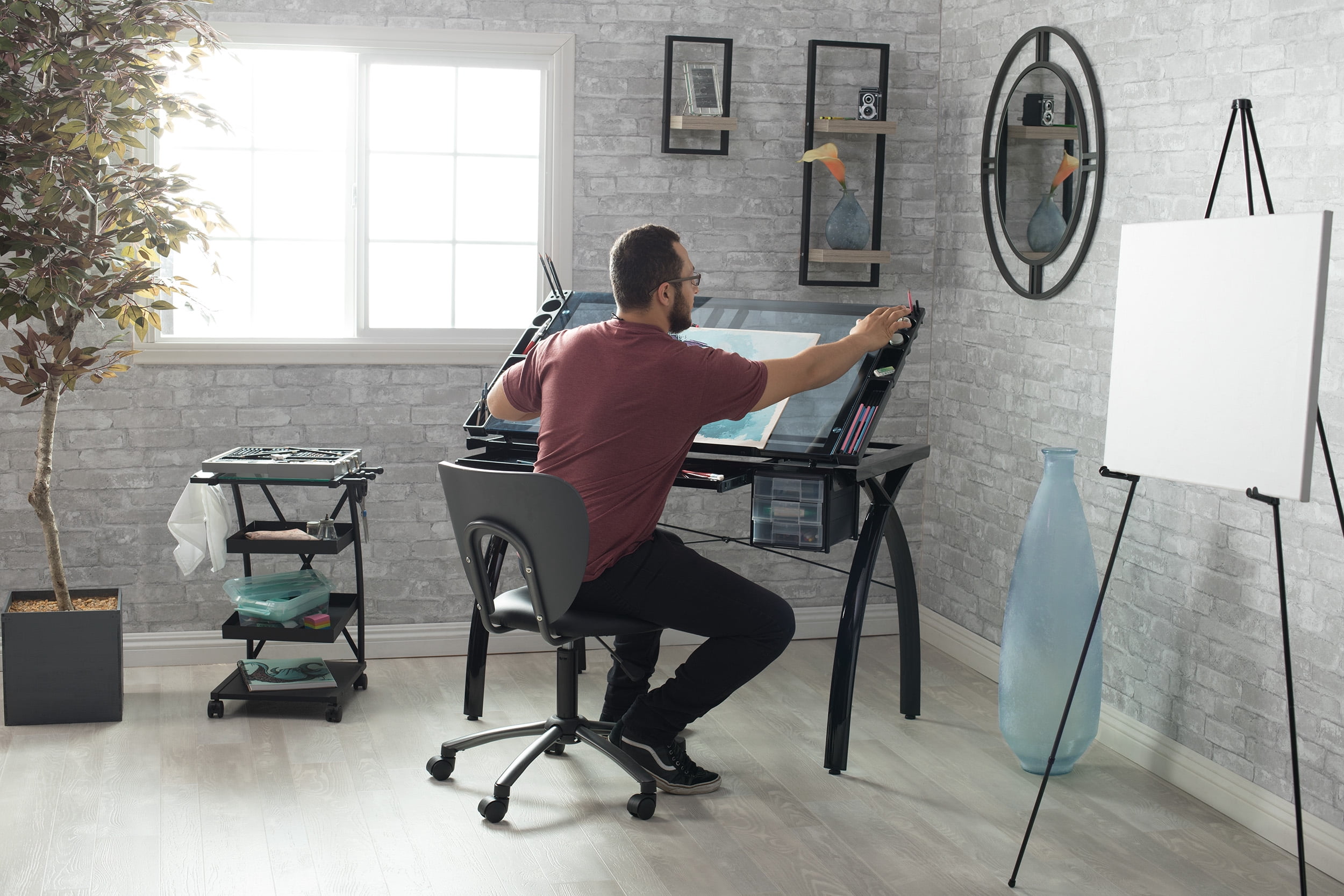 Studio Designs Futura Metal and Glass Drawing/Drafting Table with Adjustable Top and Storage in Black