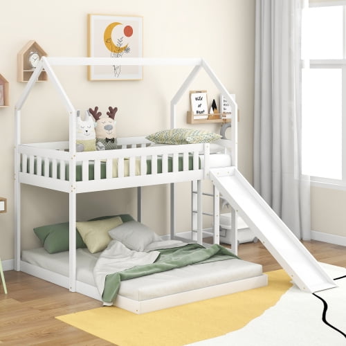 House Bunk Bed with Storage Staircases and Blackboard, Wood Kids L ...