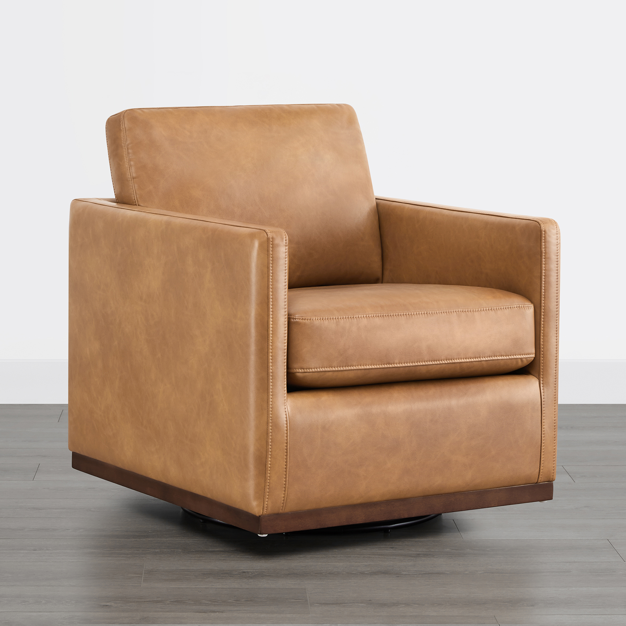 Spruce & Spring Modern Swivel Accent Arm Chair with Plush Cushions and Wooden Base, Single, Cognac Brown-Faux Leather