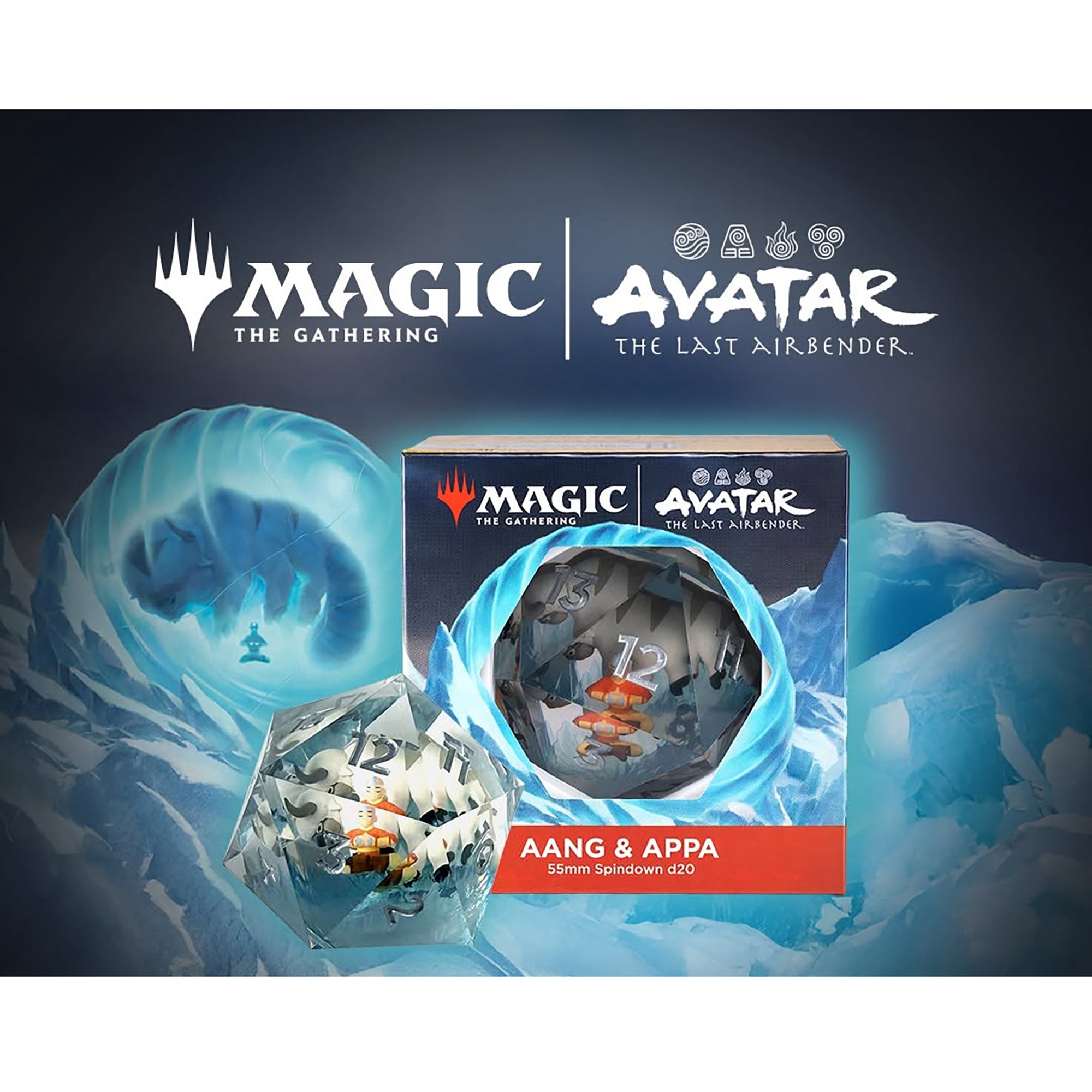 Magic The Gathering: Avatar the Last Airbender - 55mm Spindown d20 Life Counter - 3D Aang & Appa Figures In Resin, Orange & Blue, RPG Collectible Dice