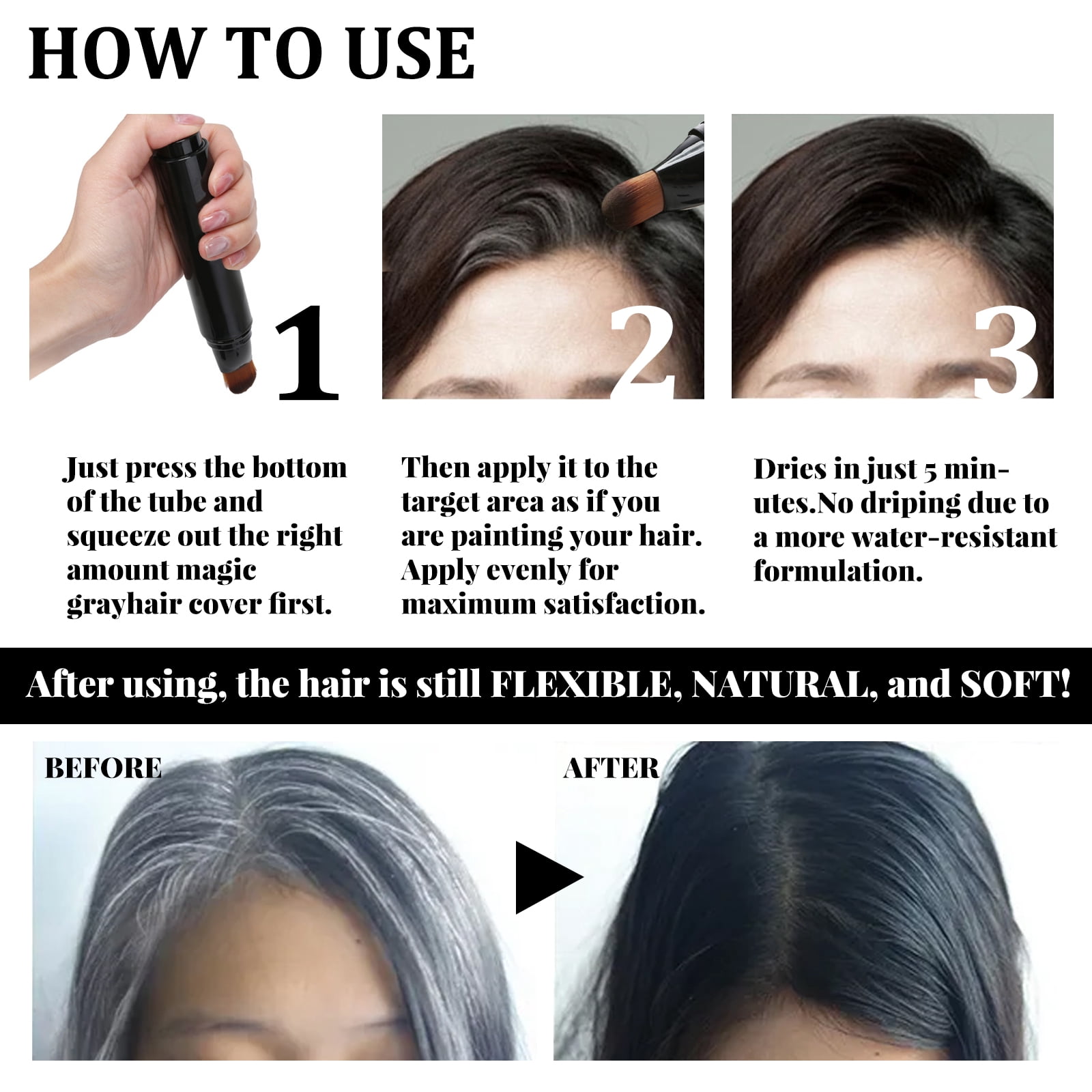 Alvantor Temporary Root Touch Up Hair Color Stick, Root Cover Up for Gray Hair - Water-Resistant, Brown