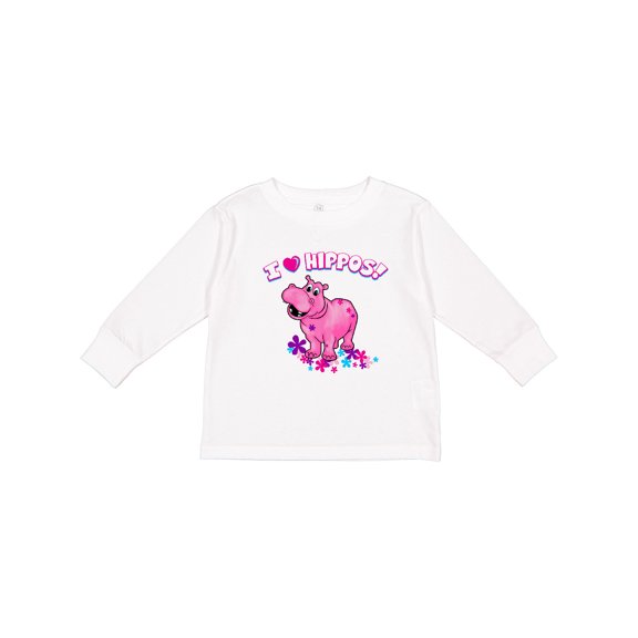 Inktastic I Love Hippos with Pink Hippo and Flowers Boys or Girls Long Sleeve Toddler T-Shirt
